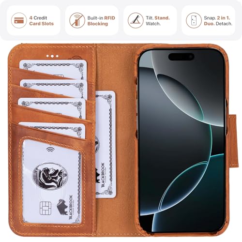 BLACKBROOK Case for iPhone 16 Pro Case Wallet, Full Grain Leather, Wireless Charging, RFID Blocking 4 Card Slots and ID Holder, 2-in-1 Folio Wallet Case Compatible with iPhone 16 Pro - color: Golden Brown, size: iPhone 16 Pro