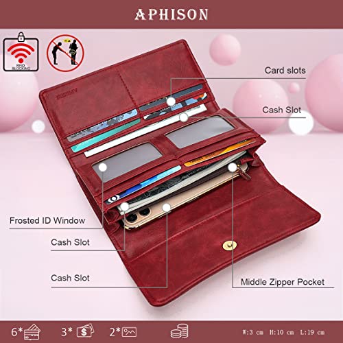 APHISON Womens Wallets RFID Blocking Leather Clutch Long Wallet for Women Card Holder Phone Organizer Ladies Travel Purse Hollow Out Sunflower Design Gift - color: red