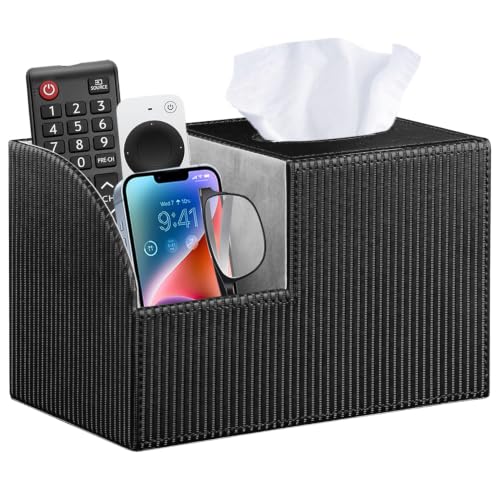 PU Leather Square Tissue Box Cover - Multi-Functional Tissue Box Holder | Tissue Box Cover with Storage,Tissue and Remote Control Holder,Cube Tissue Box Organizer Bedroom Nightstand End Table - color: Black Rome