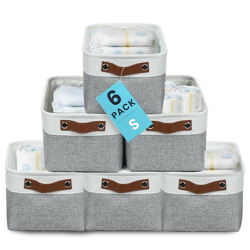 OrganiHaus 12x8in Canvas Storage Baskets, 6 Pack - Fabric Bins for Shelves | Vegan leather handles; a decorative pantry and office organizer, container for desk and books - color: Gray / Off-White, size: Small - 6pc