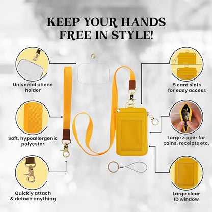 Mondo Designs 2-in-1 ID Badge Holder & Lanyard Wallet - Multi-Use Womens Small Wallet with Removable Wristlet & Neck Lanyard, Clear Window, 5 Card Slots, Phone Holder, Ring Keychain - Yellow - color: Yellow