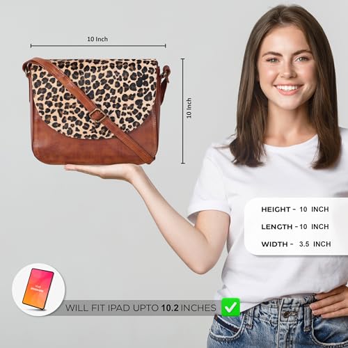 Ozora Genuine Leather Crossbody Bag for Women, Adjustable Strap - color: Tan Wash Cheetah
