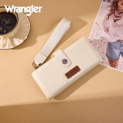 Montana West X Wrangler Wristlet Wallets for Women Large Bifold Clutch Wallets with Coin Purse Smooth Zipper and Rfid Lining - color: Beige