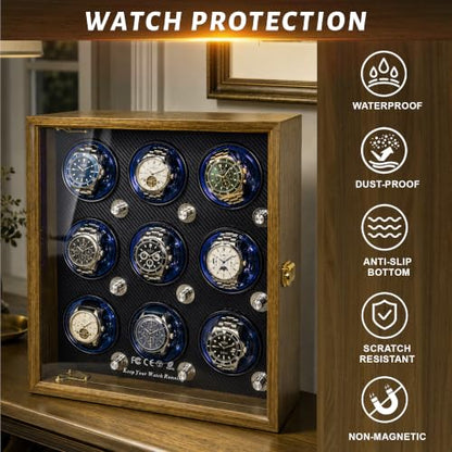 Watch Winder for Automatic Watches, Walnut 9 Slots Winding Watch Box with Japanese Quiet Motor & Blue LED for Rolex and Auto Watches, Wooden Rotating Watch Case Used for Display, Storage & Gift - size: 9 slots
