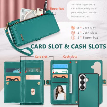 for Samsumg Galaxy S26 Wallet Case, Detachable Magnetic Phone Case,Faux Leather Strap Wallet,with RFID Blocking,Zipper Card Holder,Shoulder Straps (Green) - color: Green, size: Samsumg Galaxy S26