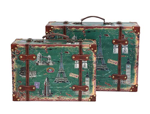 Set of 2 European Landmarks Vintage Wooden Luggage with Leather Straps and Handle - size: Large suitcase size: 17" X 12" X 6"