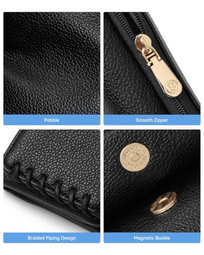 BOSTANTEN 작은 지갑 여성용 RFID 차단 카드 홀더 지퍼 포켓 포함, 블랙., 3단 소형 지갑 | Soft Suede Pebble Leather, Trifold, ID Window, Compact for Small Purse, Daily, Travel, Gifts - color: 블랙.
