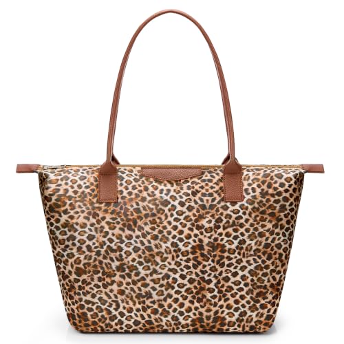 Tote Bag for Women, Casual Hobo Foldable Shoulder Zipper Handbag | Water Repellent Nylon with Leather Handles Fit 15" Laptop for Work Weekender Travel Commute - color: Bw-leopard