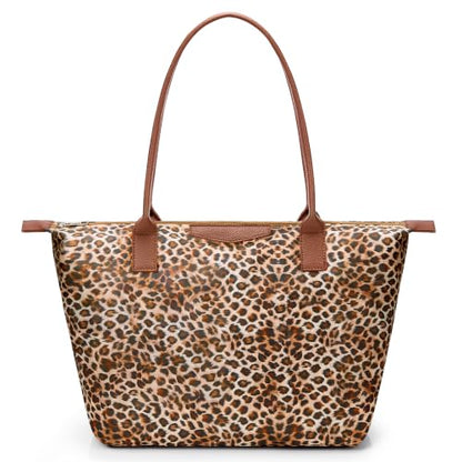 Tote Bag for Women, Casual Hobo Foldable Shoulder Zipper Handbag | Water Repellent Nylon with Leather Handles Fit 15" Laptop for Work Weekender Travel Commute - color: Bw-leopard
