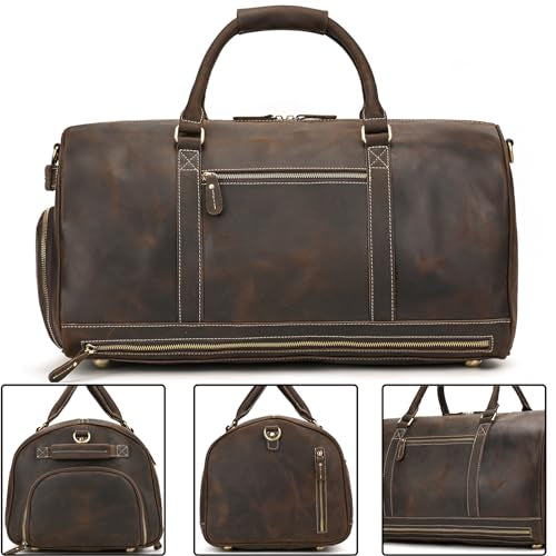 Full Grain Leather Duffel Bags for Men and Women Travel Overnight Weekend Leather Bags Sports Gym Duffel - color: 9801 Dark Brown