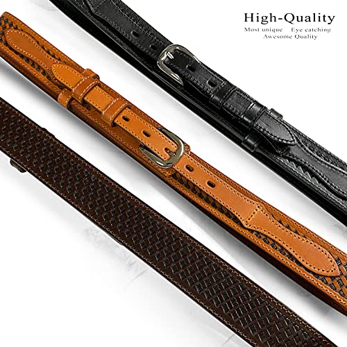 Western Pattern. Basketweave. Floral Tooled Engraved Genuine Full Grain Leather Ranger Belt, Assembled in the U.S - color: 71 72 73-tan, size: 36