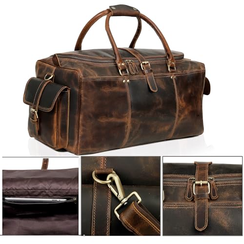 Large 24 inch duffel bags for men holdall leather travel Duffel bag overnight gym sports weekend Duffle bag (Dark Brown, 24" Large)