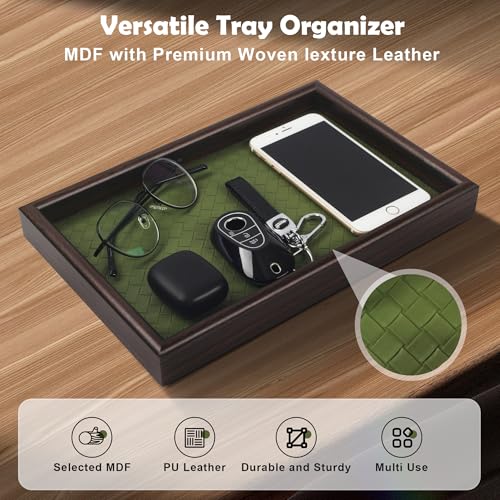 Wooden Valet Tray with Leather Base - Nightstand Catchall Organizer for Cologne, Perfume, Keys, Wallet, Phone, Watch, Jewelry & Sunglasses (2Pcs Green) - color: 2Pcs Green