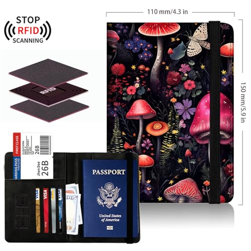 Passport Cover,Multi-Functional Travel Wallet,Stylish & Durable RFID Blocking Passport Holder, Travel Essentials for Men and Women,Flower Mushroom - color: Flower Mushroom