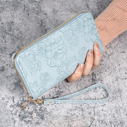 Womens Wallet RFID Wristlet Wallet for Women Cute Floral Leather Credit Card Holder Wallet Ladies Clutch Long Purses - color: A03-light blue