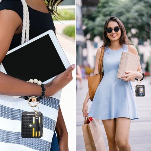 COOLANS Silicone Bracelet Wristlet Wallet Credit Card Holder RFID ID Window Key Ring Tassel Slim Wallet Women Keychain Purse - color: 블랙 실리콘 비즈 팔찌+카드 지갑