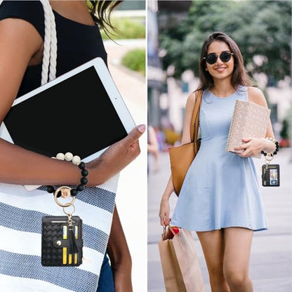 COOLANS Silicone Bracelet Wristlet Wallet Credit Card Holder RFID ID Window Key Ring Tassel Slim Wallet Women Keychain Purse - color: 블랙 실리콘 비즈 팔찌+카드 지갑