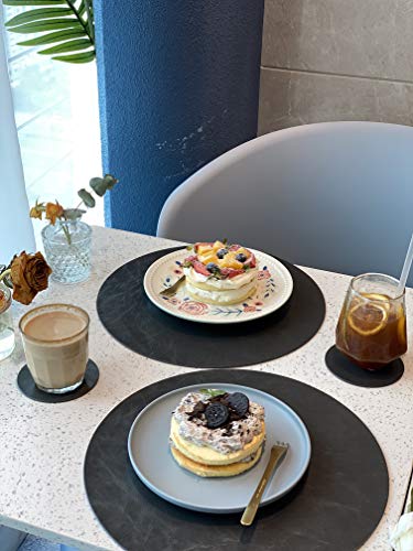 Jovono Set of 4 Round Placemats and Coasters, Faux Leather Table Mats and Desk Coasters, Plate mat Easy to Clean for Round Dining Rable, Diameter 13'' and 3.9'' Gray - color: E Graphite Grey, size: Set of 4