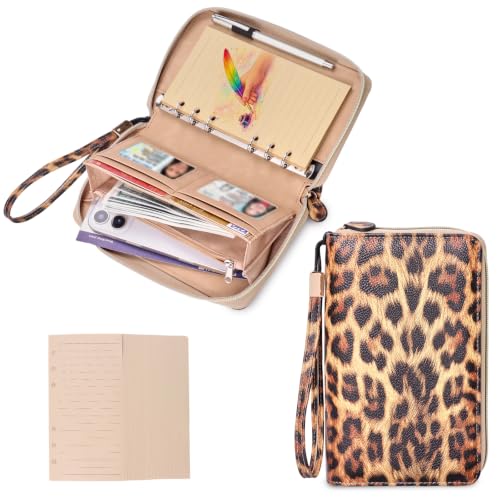 A6 Binder Zipper Budget, Planner for Travel & Study | Faux leather A6 organizer with zipper, cash pouches, lined pages, card slots and pen holder for budgeting. - color: Brown
