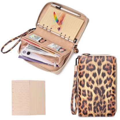 A6 Binder Zipper Budget, Planner for Travel & Study | Faux leather A6 organizer with zipper, cash pouches, lined pages, card slots and pen holder for budgeting. - color: Brown
