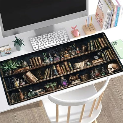 Desk Pad, Black Academia Fantasy Bookshelf Goth Skull XL Gaming Mouse Pad with Stitched Edges,Non-Slip Waterproof Rubber Base Large Desk Mat for Keyboard and Mouse 31.5"x11.8" - color: Colour12, size: X-Large