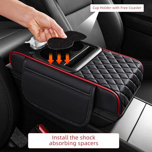 5 in 1 Nappa Leather Console Armrest Cover, Black Red Stitch | Built-in cup holder, tissue slot, phone holder & 2 storage pockets, practical car accessories fit SUV sedan truck - color: Black with Red Stitching