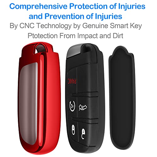 Compatible With Jeep Key Fob Cover With Leather Keychain Soft TPU Protection Key Case For Grand Cherokee Renegade Chrysler 200 300 Dodge RAM Durango Challenger Journey Dart Fiat Smart Key,Red - color: Red