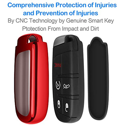 Compatible With Jeep Key Fob Cover With Leather Keychain Soft TPU Protection Key Case For Grand Cherokee Renegade Chrysler 200 300 Dodge RAM Durango Challenger Journey Dart Fiat Smart Key,Red - color: Red