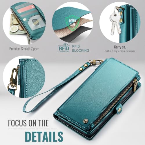 Defencase for Samsung Galaxy A37 5G Wallet Case with Card Holder, Bluegreen | RFID Blocking, Zipper Pocket, Durable PU Leather, Wrist Strap, Fashion Snap Flip Phone Cases Cover with Stand for Women Men - color: Blue Green