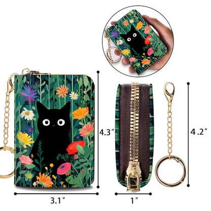Yonlevres Credit Card Holder RFID Small Wallet Women Keychain Zipper - color: Floral Cat-2