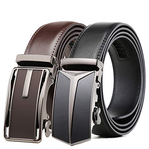 Founders & C Mens Belt 2 Pack,Leather Ratchet Click Belt Dress with Slide Buckle 1 3/8" in Gift Set Box- Size Adjustable - color: Ratchet Belt Black/Dark Brown, size: 42"-46" Waist Adjustable