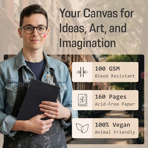 BROWNSTONE JOURNALS A5 Sketch Book Hardcover - 80 Sheets 100 GSM Paper | 5" x 8", Lay Flat, Vegan Leather Cover, Elastic Band, Back Pocket, Compact Art Drawing Book for Adults & Students - color: Charcoal Black, size: A5 (5" x 8")