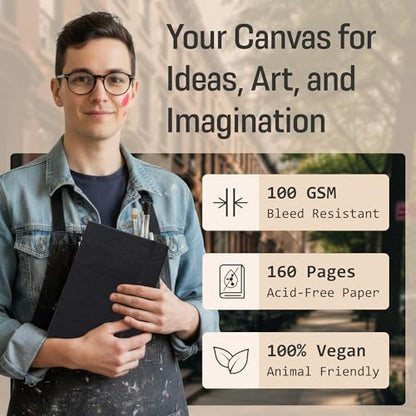 BROWNSTONE JOURNALS A5 Sketch Book Hardcover - 80 Sheets 100 GSM Paper | 5" x 8", Lay Flat, Vegan Leather Cover, Elastic Band, Back Pocket, Compact Art Drawing Book for Adults & Students - color: Charcoal Black, size: A5 (5" x 8")