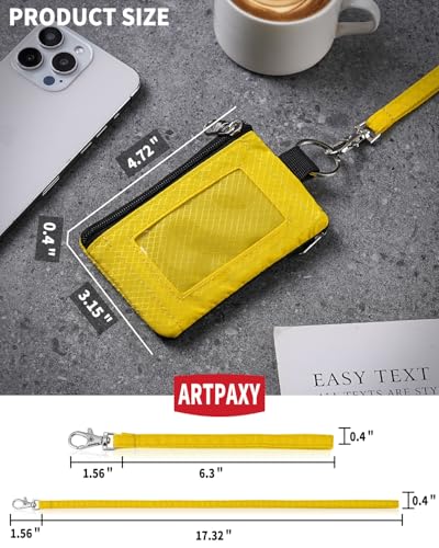 Artpaxy Minimalist Wallet For Mens Womens, Keychain RFID Blocking Zipper Small Wallet with ID Window 2 Lanyards,Water Resistant Travel Cash Card Coin Case Boys Girls - color: Yellow