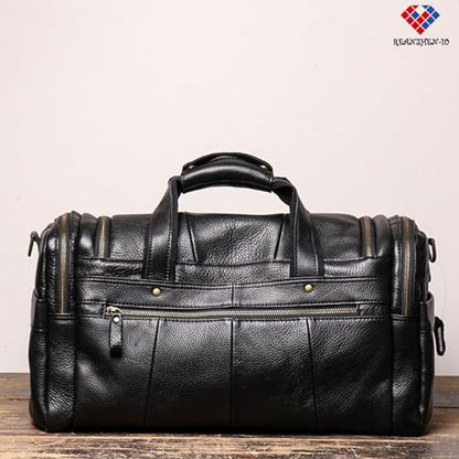 Full CowhideLeather Large duffel bags for men holdall leather travel bag overnight gym sports weekend bag (black) - color: black