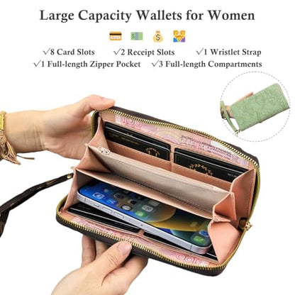 RFID Wallets for Women Wristlet Vegan Leather Long Purse Floral Zip Around Clutch Large Capacity Card Holder - color: Red