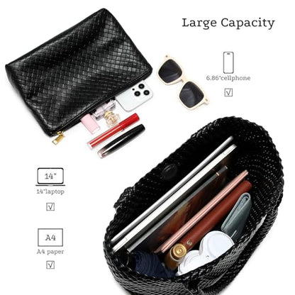 Woven Tote Bag for women,Vegan Leather Woven Satchel Handbag,Shoulder bag with Pouch,Hobo bag fits13-14” laptops - color: Black
