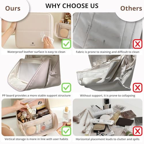 tianzong Travel Makeup Bag with Magnetic Fold-Down Flap, Waterproof Leather Cosmetic and Toiletry Organizer for Women, Multi-Zone Standing Storage, Cream, X-Large - color: XL-Cream