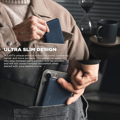 VULKIT Slim Minimalist Card Holder RFID Blocking Leather Credit Card Holder Front Pocket Wallet Magnetic Closure - color: Navy