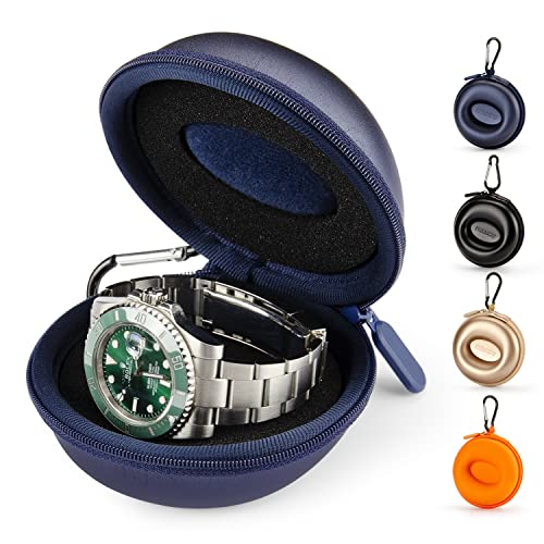 Watch Travel Case for Men, Portable Single Watch Storage Box | Fits Wrist & Smart Watches Up To 50mm, 1-Slot Shockproof Eva Hard Shell Organizer W/ Carabiner Clip, Gym & Outdoor Use, Blue - color: Blue