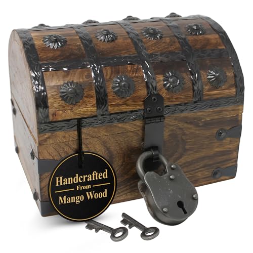 Wooden Pirate Treasure Chest with Lock & Skeleton Key Small | Handmade Wooden Storage Box Kids Treasure Chest For Jewelry, Coins, Trinkets, Keepsake Gifts, Decor - size: Small 8 x 6 x 6