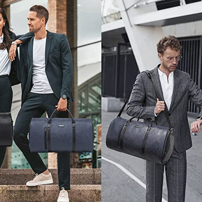 Garment Bags for Travel, 45L Carry-On Convertible Duffle with Strap | 2-in-1 hanging suit bag converts to duffel, shoe compartment, waterproof PU leather, wrinkle-free, detachable strap - color: C-Blue