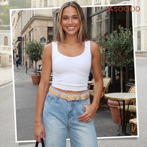 JASGOOD Women Men Braided Woven Elastic Stretch Waist Belt Golf Canvas Fabric Casual Belt for Jeans Pants - color: All Khaki, size: Fit Size 24"-27"