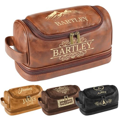 Personalized Toiletry Bag for Men - Custom Large Leather Dopp Kit with Engraved Name & Text, Personalized Gift for Groomsmen, Husband, Dad, Boyfriend, Birthday Gifts for Men - color: Brown