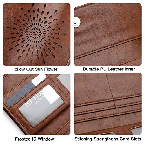 APHISON Womens Wallets RFID Blocking Leather Clutch Long Wallet for Women Card Holder Phone Organizer Ladies Travel Purse Hollow Out Sunflower Design Gift - color: coffee
