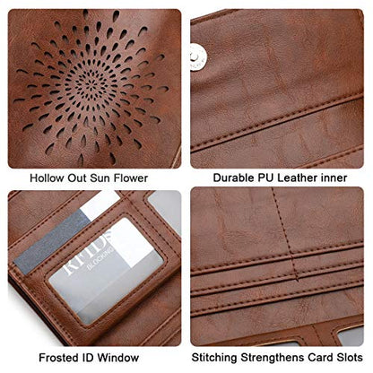 APHISON Womens Wallets RFID Blocking Leather Clutch Long Wallet for Women Card Holder Phone Organizer Ladies Travel Purse Hollow Out Sunflower Design Gift - color: coffee