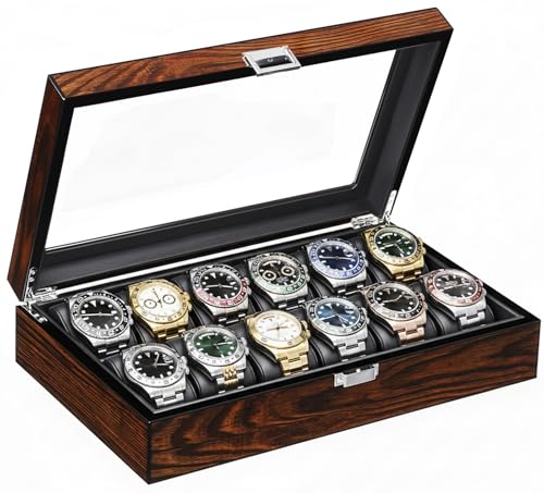 BEWISHOME Watch Case, 12-Slot Watch Box Organizer with Large Glass Lid | Watch Cases for Men, Wooden Watch Boxes, Removable Watch Pillows, Watch Storage, Synthetic Leather Interior, Brown SSH12Y - size: 12 Solts