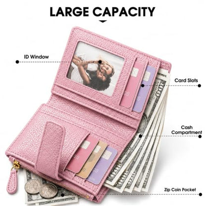 Small Wallet for Women, Compact Bifold Card Holder | Zipper Coin Pocket, 10 Card Slots, ID Window, Snap Closure, Slim Mini Wallet for Purse and Travel - color: Pink