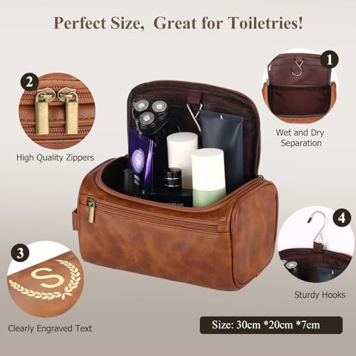 OXYEFEI Personalized Toiletry Bag for Men,Personalized Gifts for Men,Engraved Initial PU Leather Mens Toiletry Travel Shaving Travel Essentials Toiletries Bag for Him Birthday (D, Brown) - color: Brown, style: D