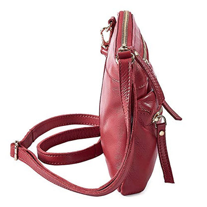 Small Leather Crossbody Bag for Women Adjustable Sling Purse Multi Pocket - color: Red Nappa